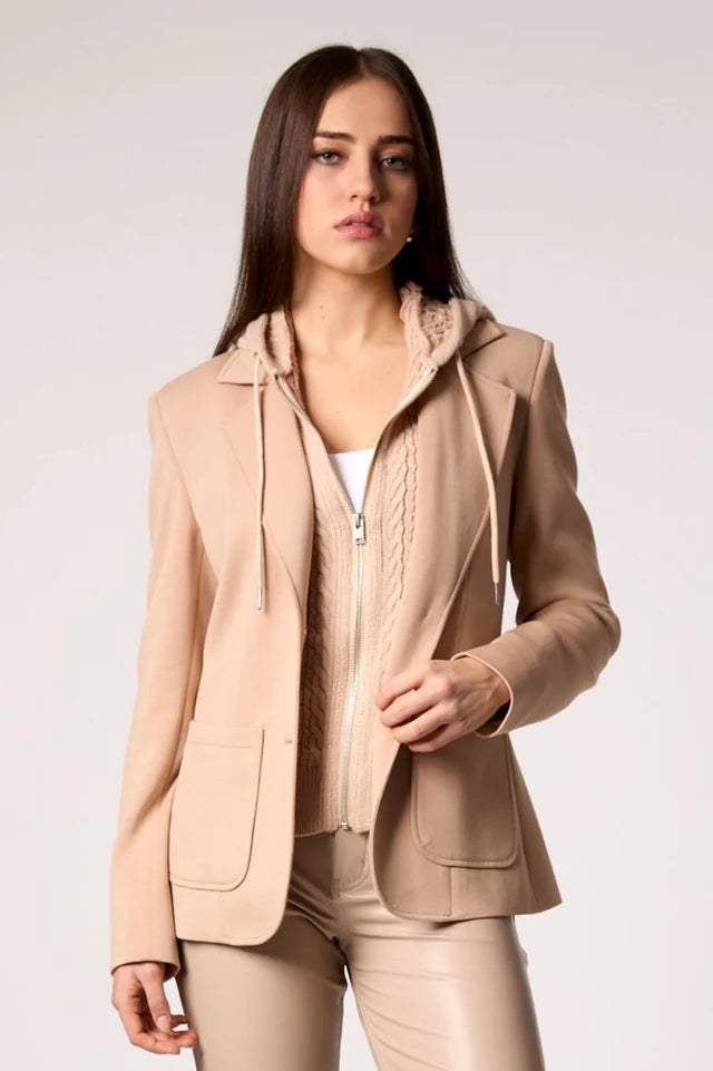 Beige blazer with hooded cable-knit sweater insert
