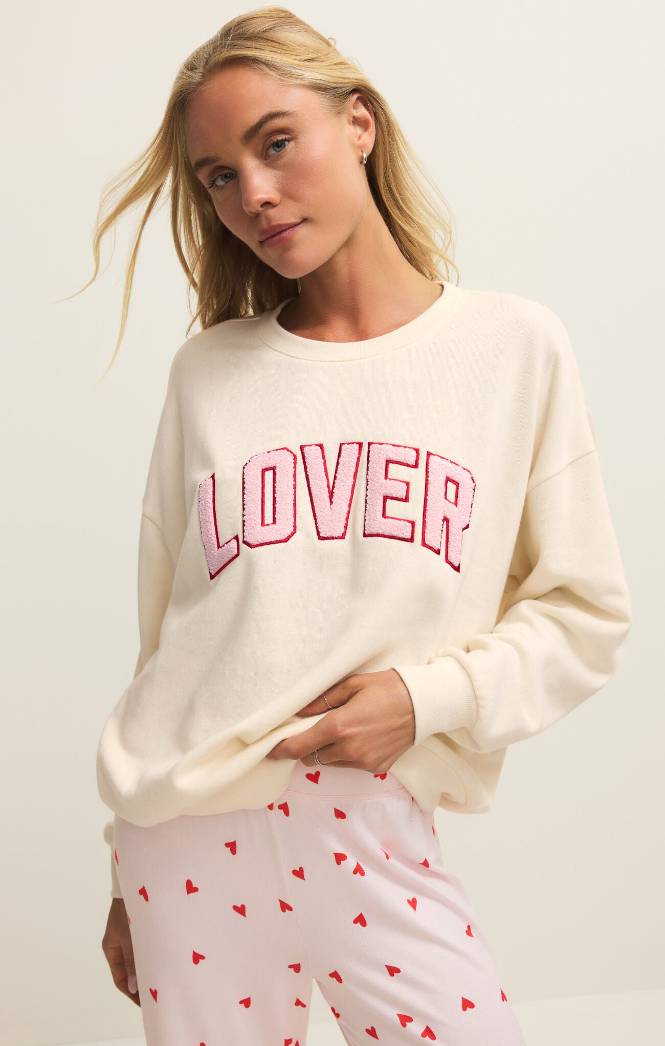Z Supply oversized cream sweatshirt with pink and red 'LOVER' embroidery