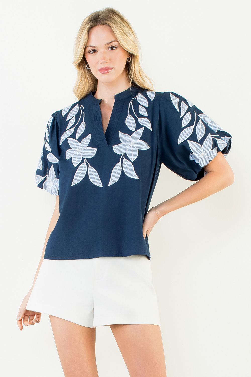 THML Puff Sleeve Floral Embroidery V-Neck Top in Navy