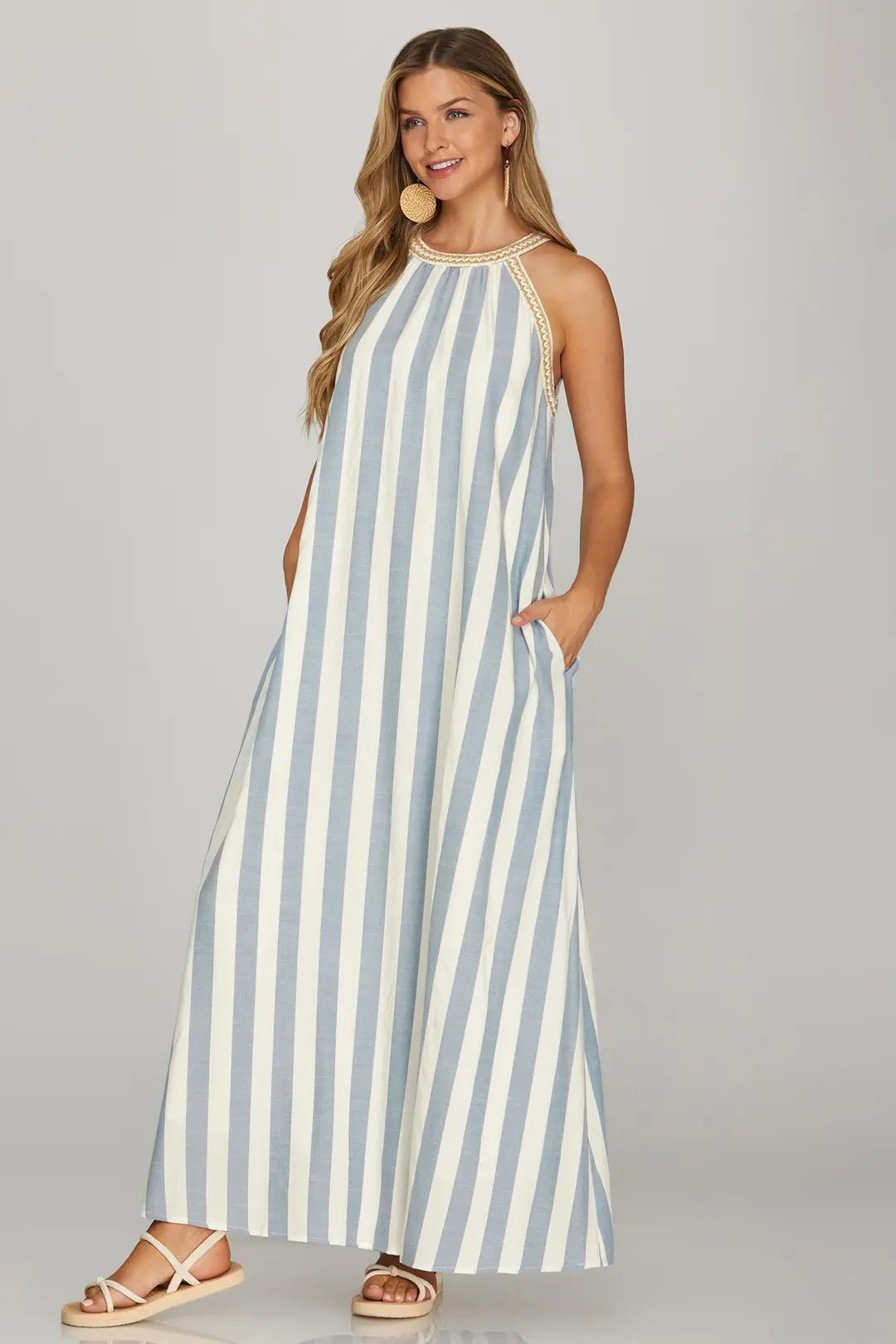 She & Sky Halter Neck with Trim Stripe Woven A Line Maxi Dress With Pockets 