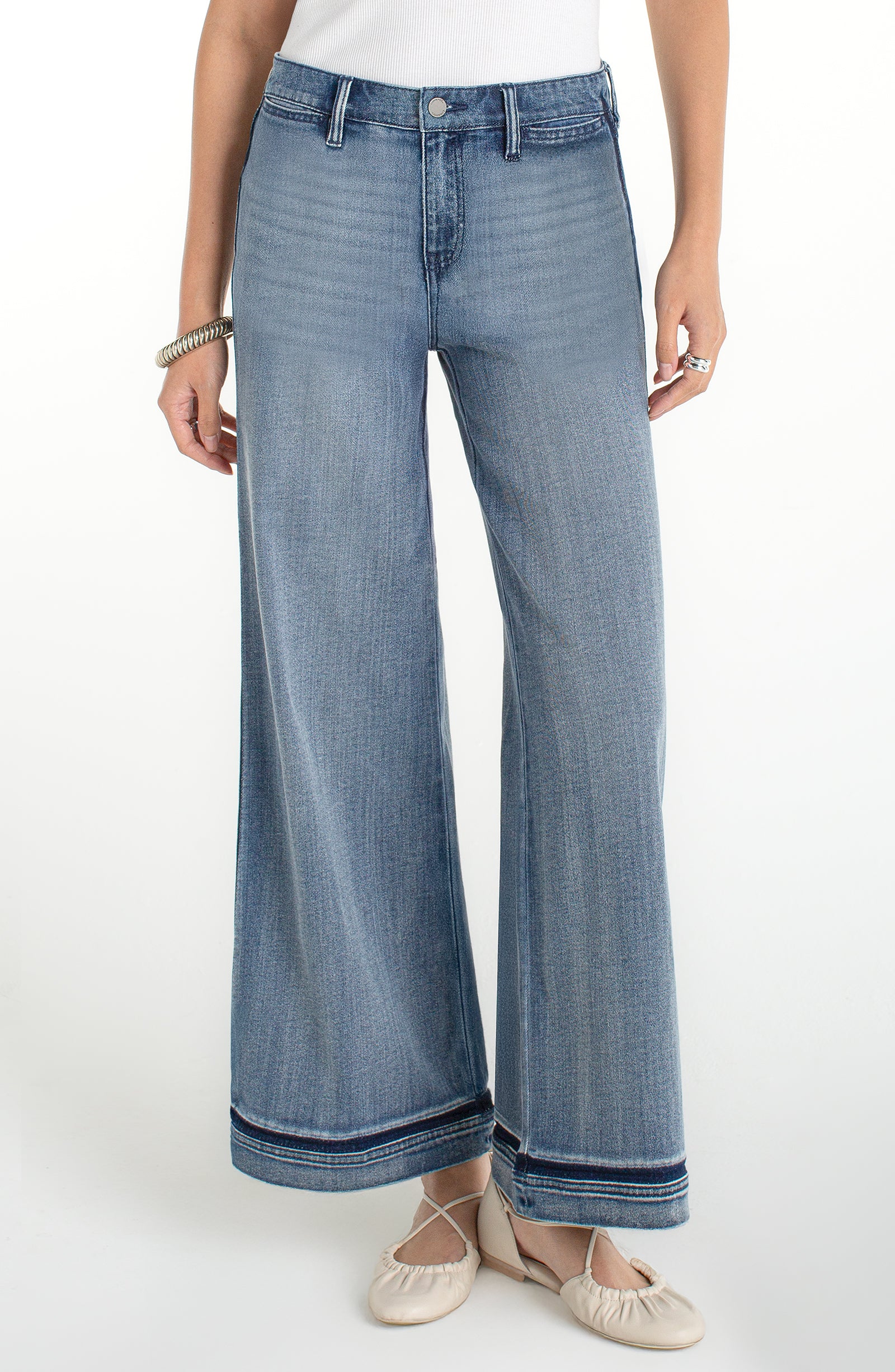 Liverpool Super Wide Leg in light blue denim with shadow cuff detail.