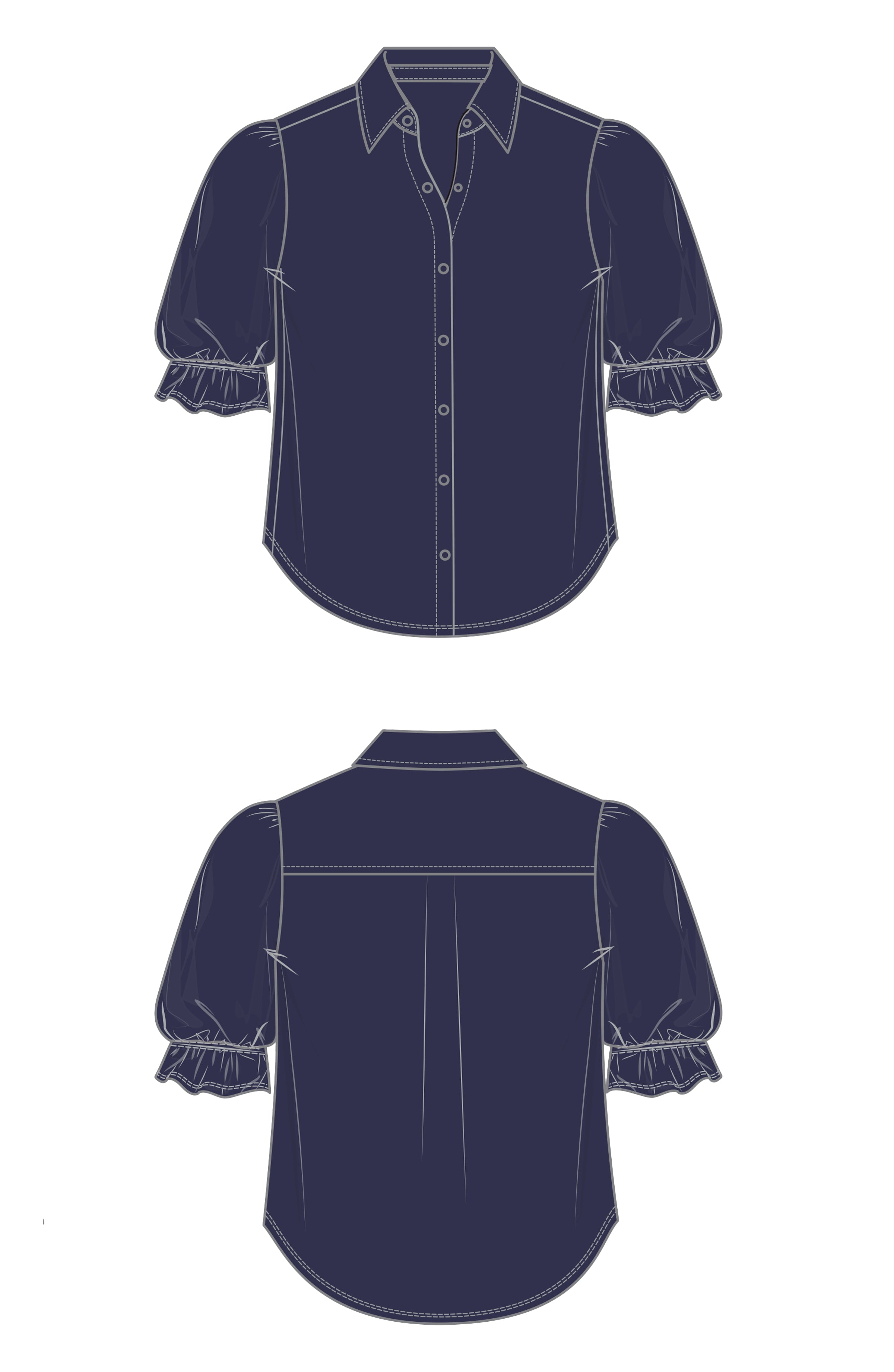 Navy blue shirt with puff sleeves and button front.