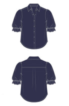 Navy blue shirt with puff sleeves and button front.