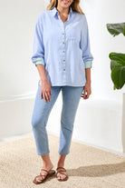 Blue Button front Long Sleeve Top
