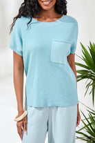 Light Blue , Short Sleeve, Ribbed Sweater with Pocket.