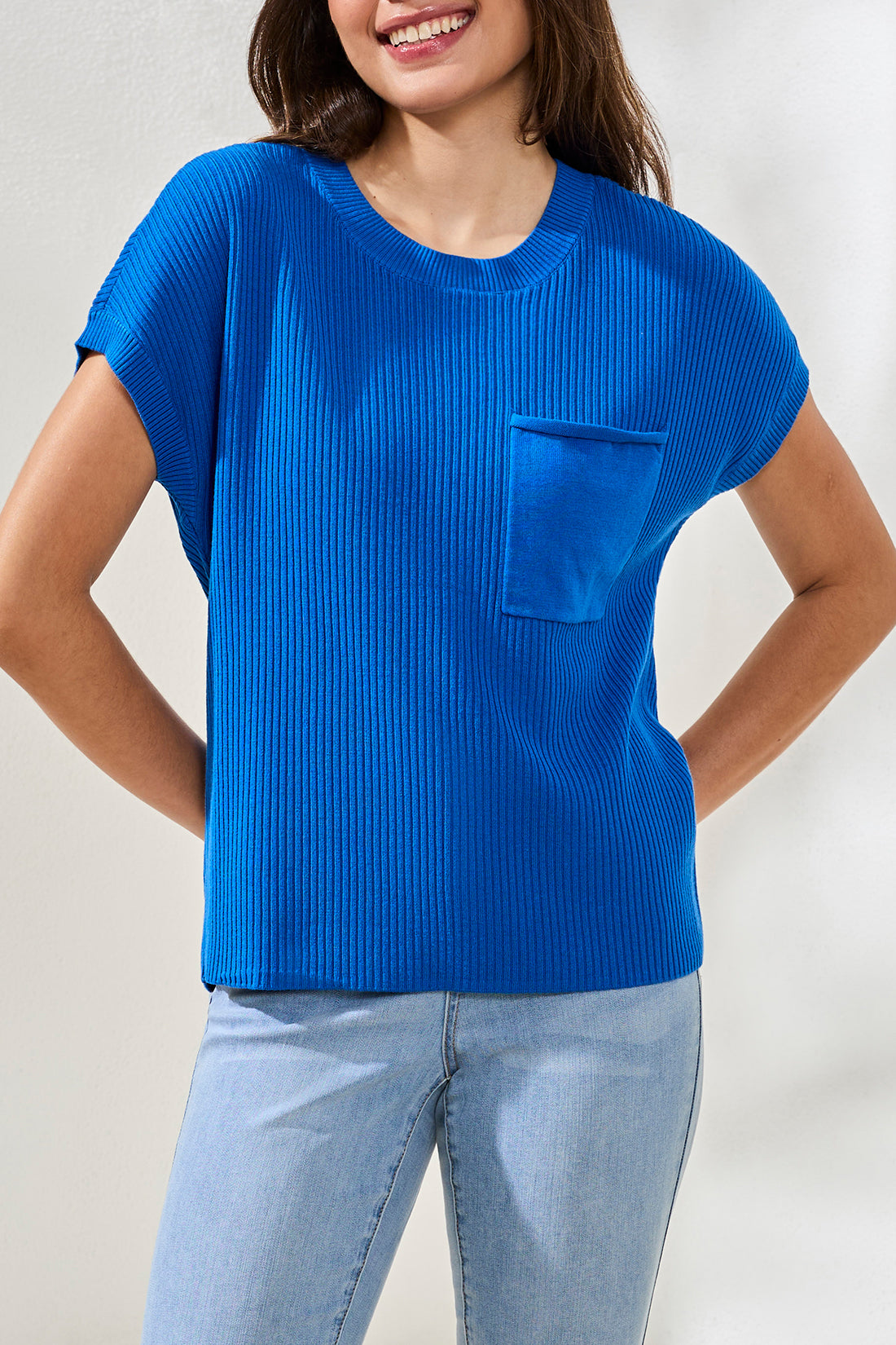 Blue, Short Sleeve Dolman Sweater with Front Pocket.