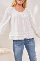 Button Front, Scoop Neck White Blouse