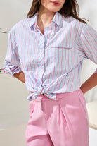 Blue Collared Shirt with Pink Vertical Stripes