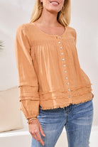 Peach Colored Scoop Neck Blouse with Buttons