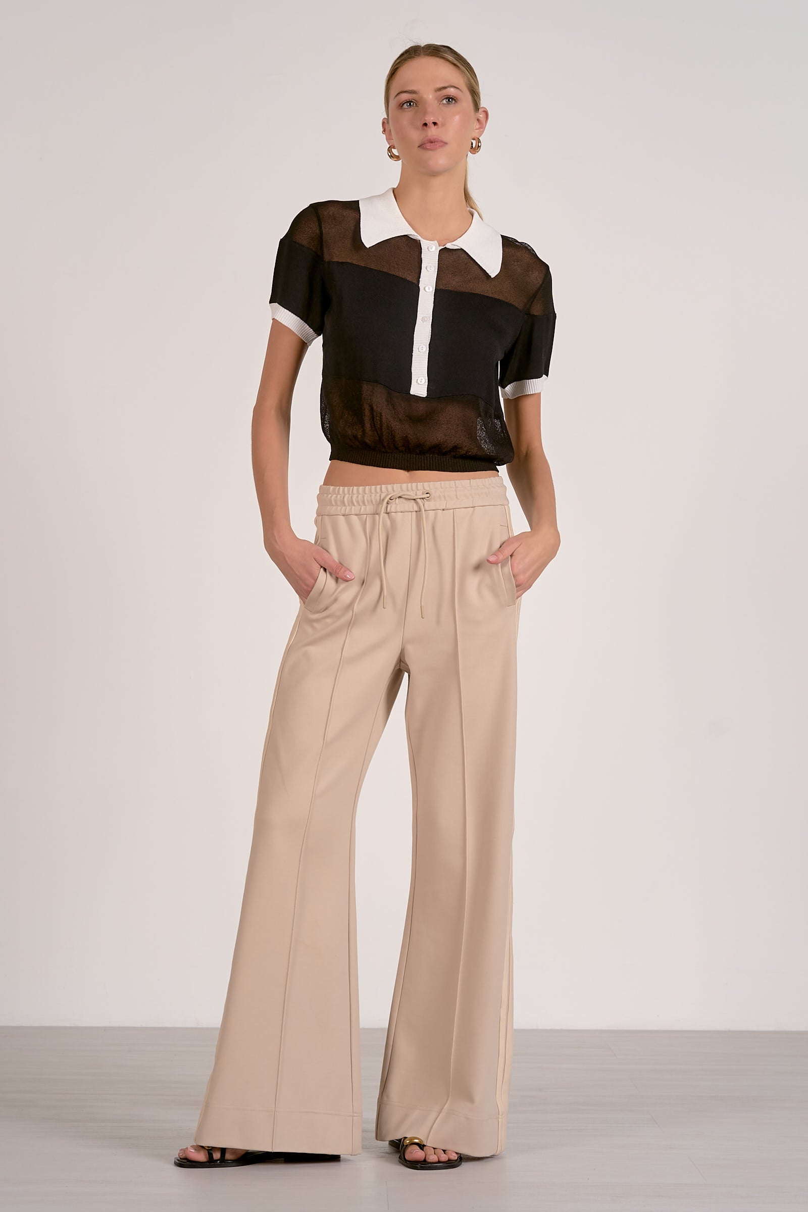 Beige Wide Leg Track Pants with Tie Waist