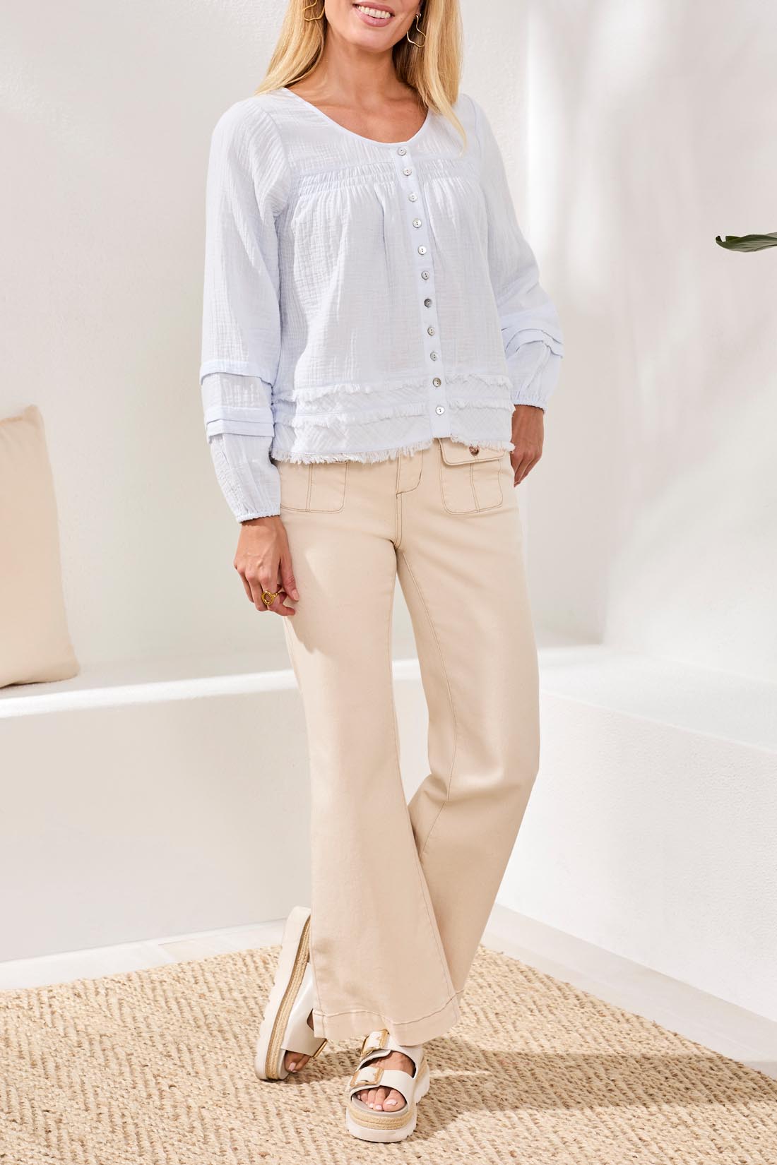 Long Sleeve Raw Hem Button Up Blouse