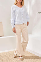 Long Sleeve Raw Hem Button Up Blouse