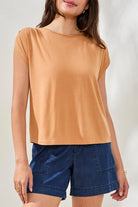 Tan Cap Sleeve Top with pleats