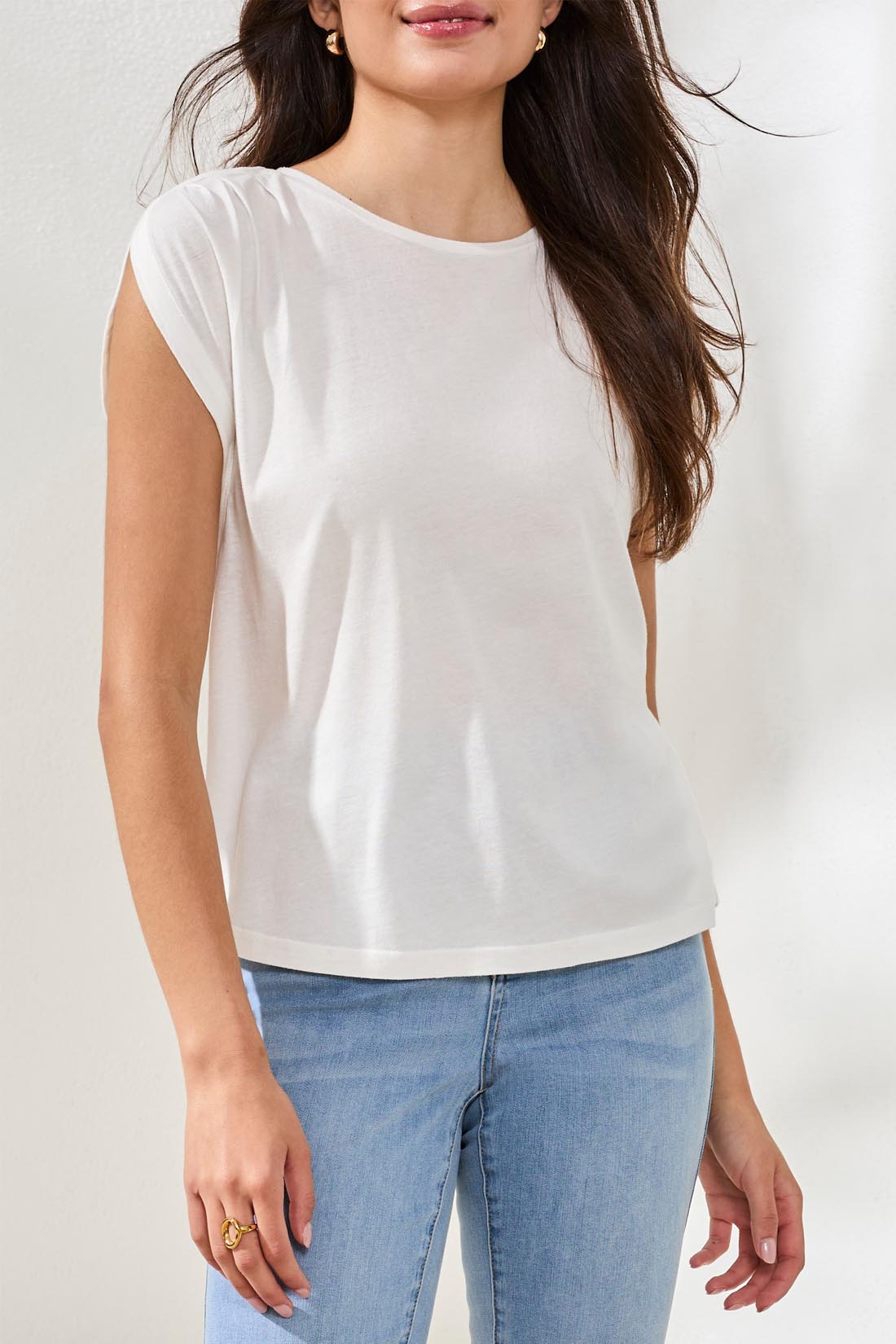 White Cap Sleeve Top with Shoulder Pleats