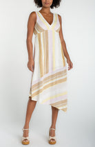 Liverpool sleeveless dress with vertical stripes and asymmetrical hem.