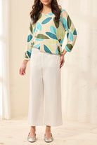White Tribal High Rise Wide Leg Capri with Pockets