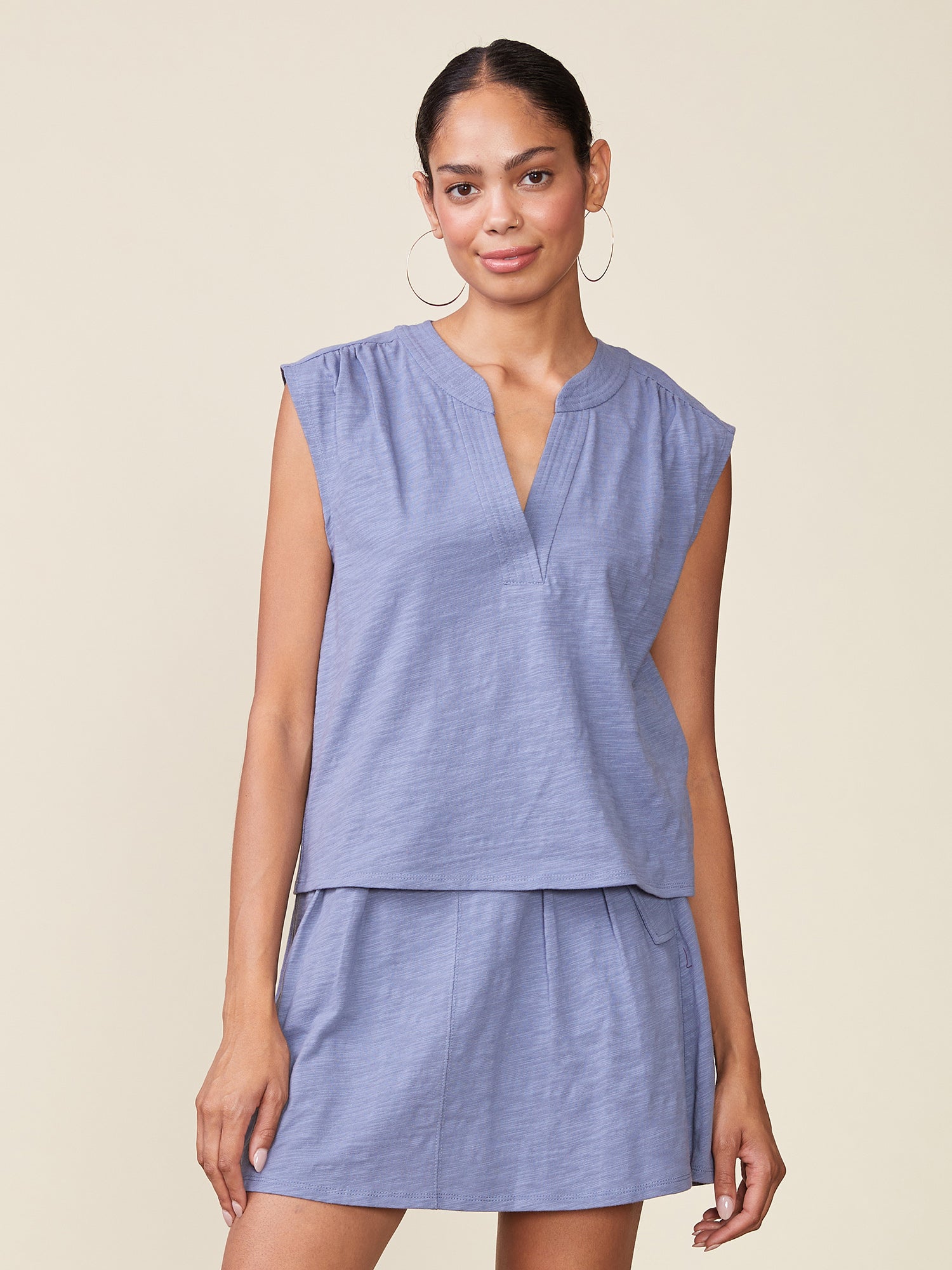 Blue Sleeveless Top with Gathering at the Shoulders