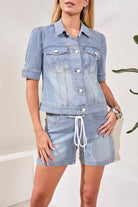Tribal Button Front, Elbow Sleeve Denim Jacket