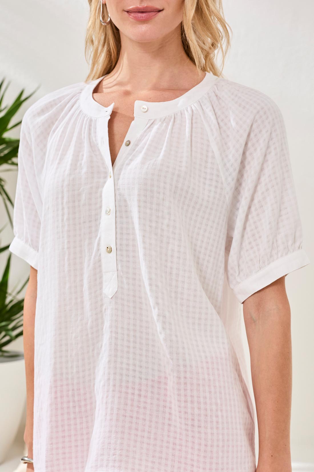Tribal Textured Short Sleeve Button Front White Blouse