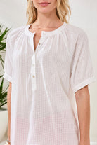 Tribal Textured Short Sleeve Button Front White Blouse