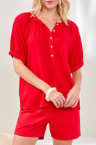 Tribal Textured Short Sleeve Button Front Blouse in Sangria Red