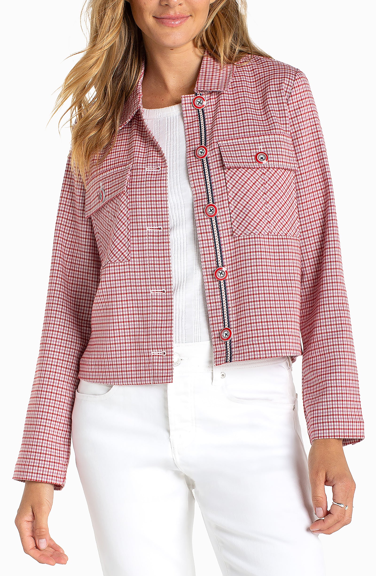 Liverpool Red Plaid Shacket with Flap Pockets