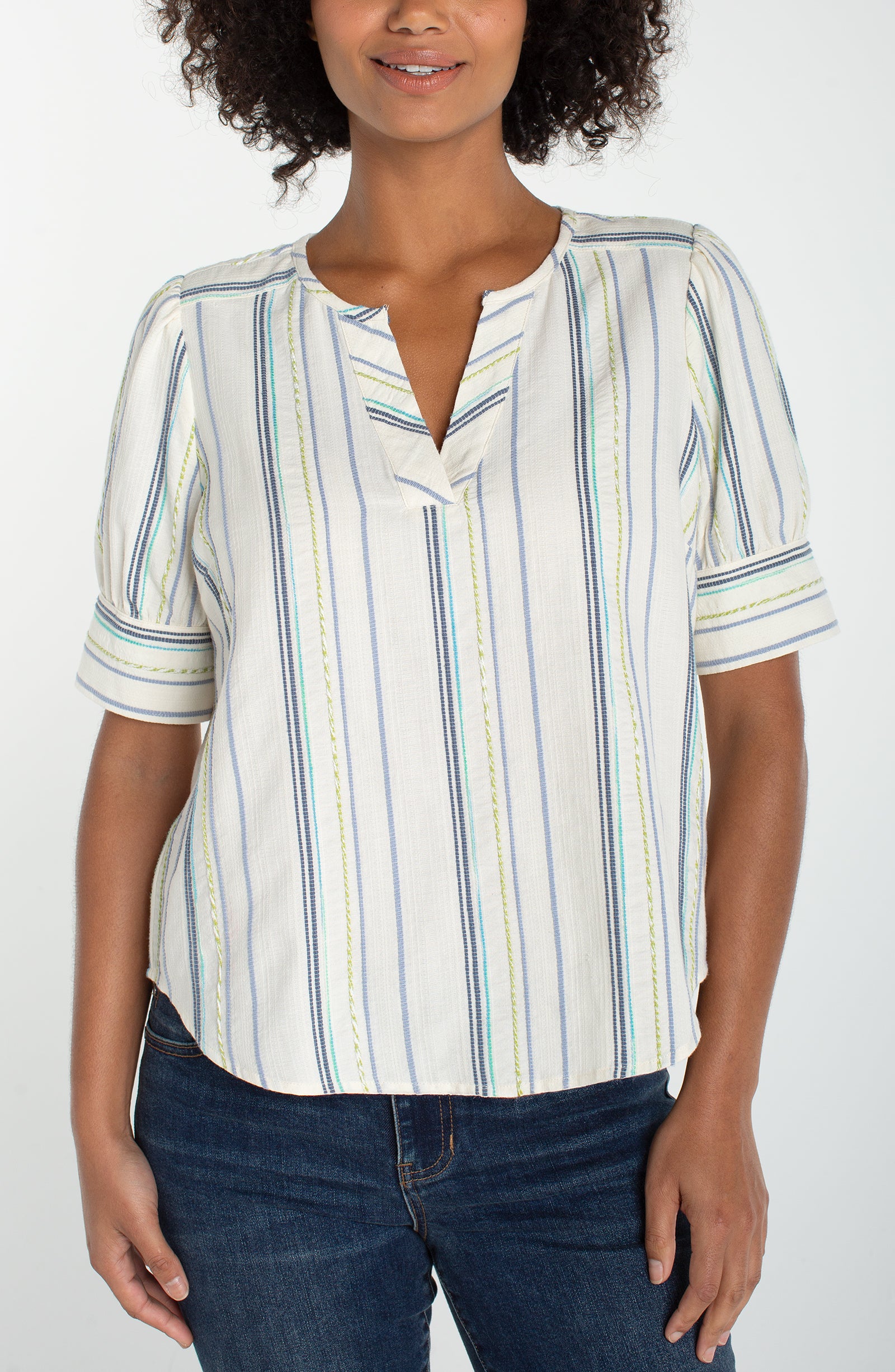 Liverpool Short Sleeve Popover Woven Top in Cream/Blue Multi-Stripe