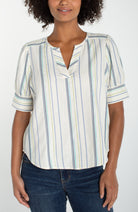 Liverpool Short Sleeve Popover Woven Top in Cream/Blue Multi-Stripe