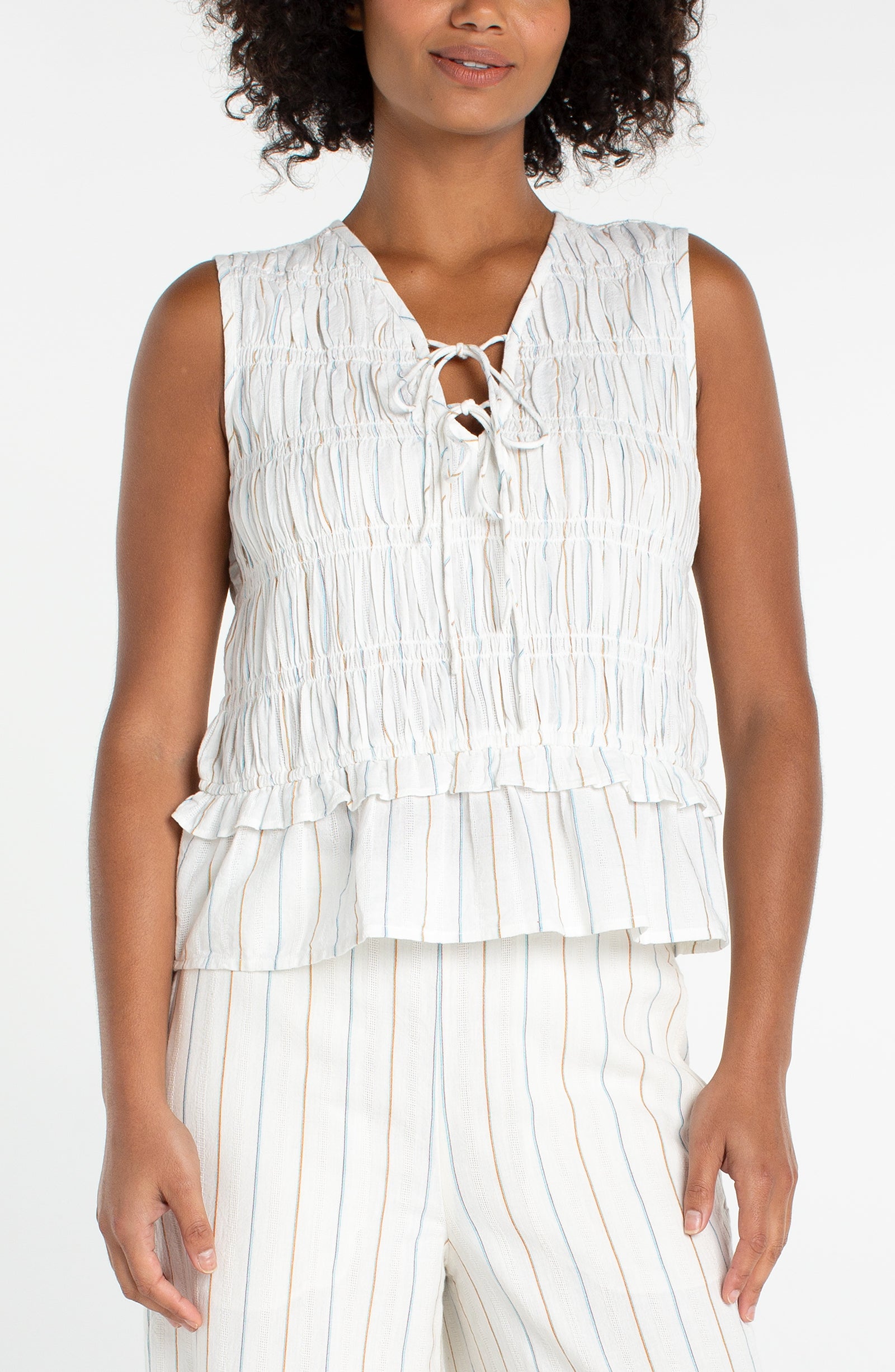 Liverpool Sleeveless Tie-Front Woven Top w/ Smocking