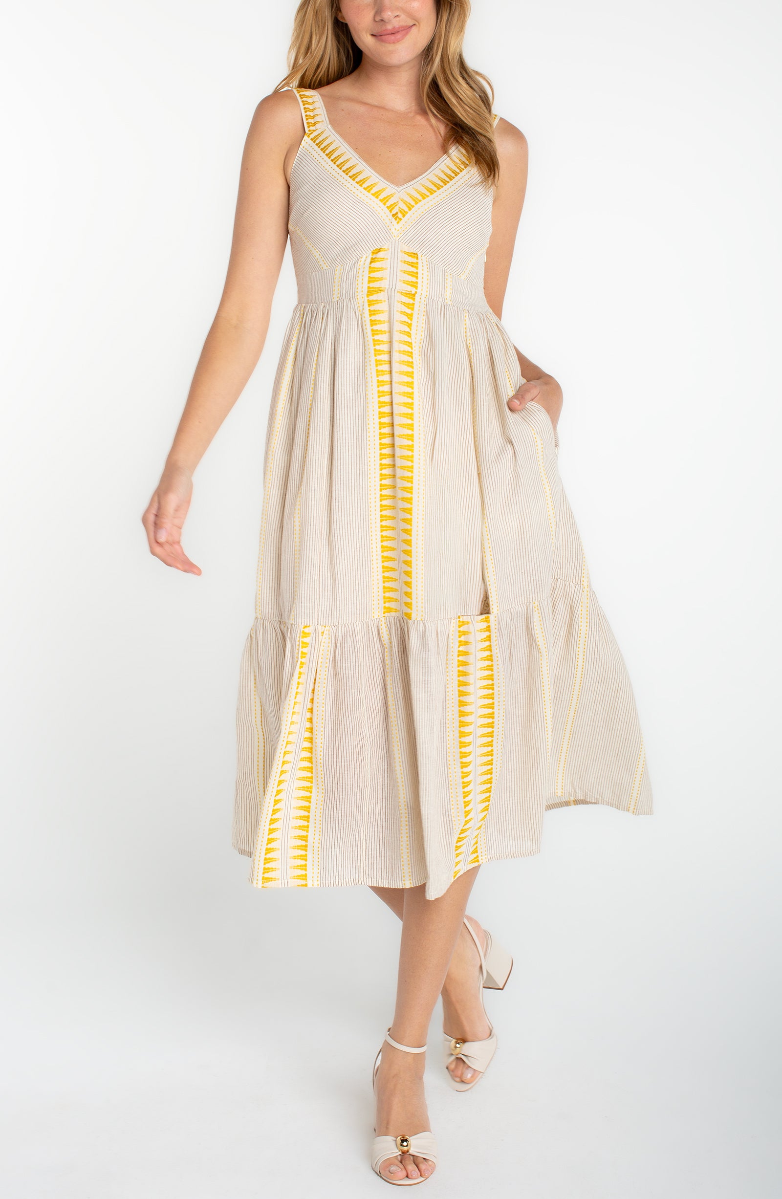 Liverpool Sleeveless Midi Dress in Cream/Brown Stripe