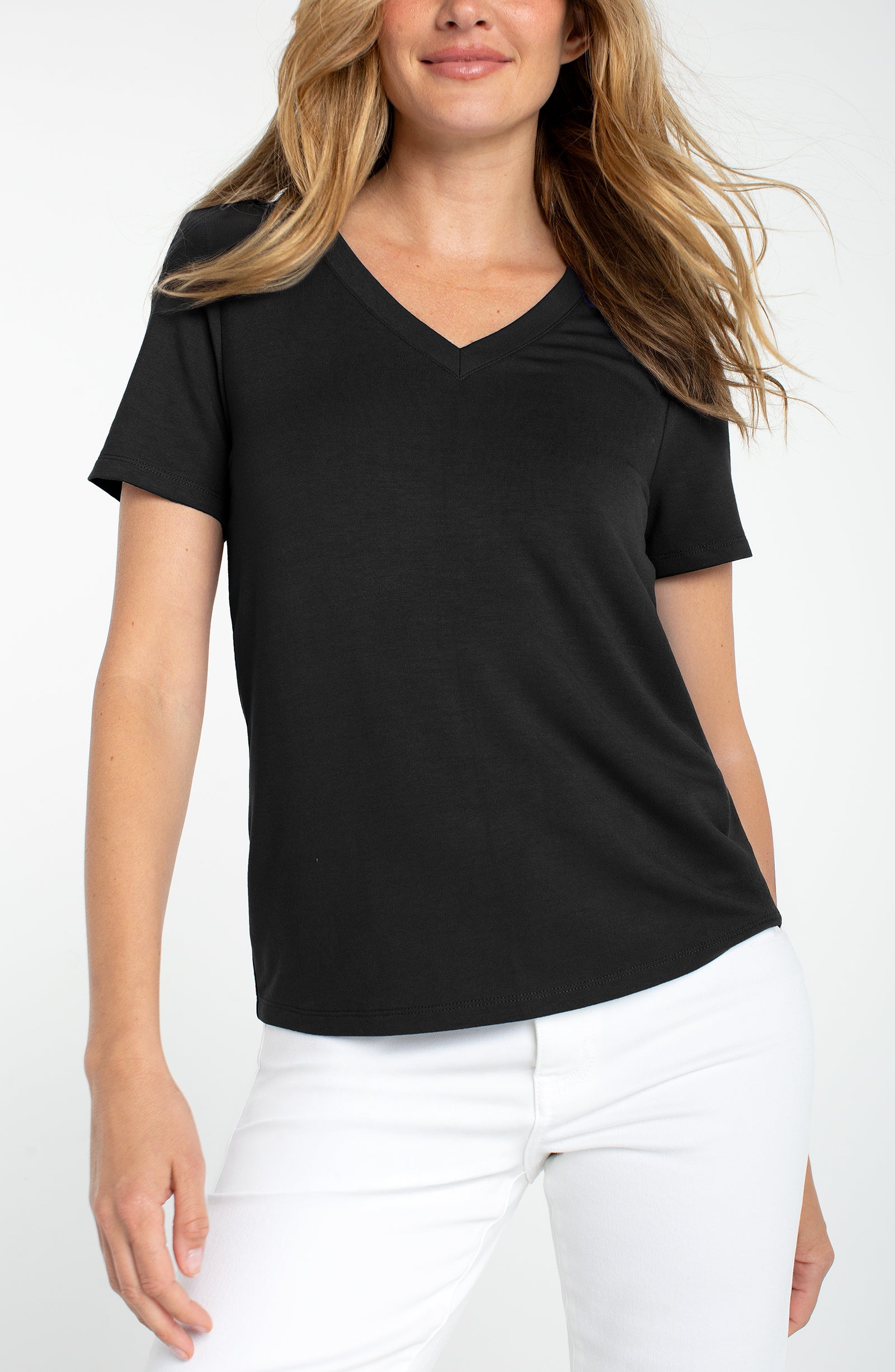 Liverpool Short Sleeve V Neck Knit Tee in Black