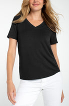 Liverpool Short Sleeve V Neck Knit Tee in Black