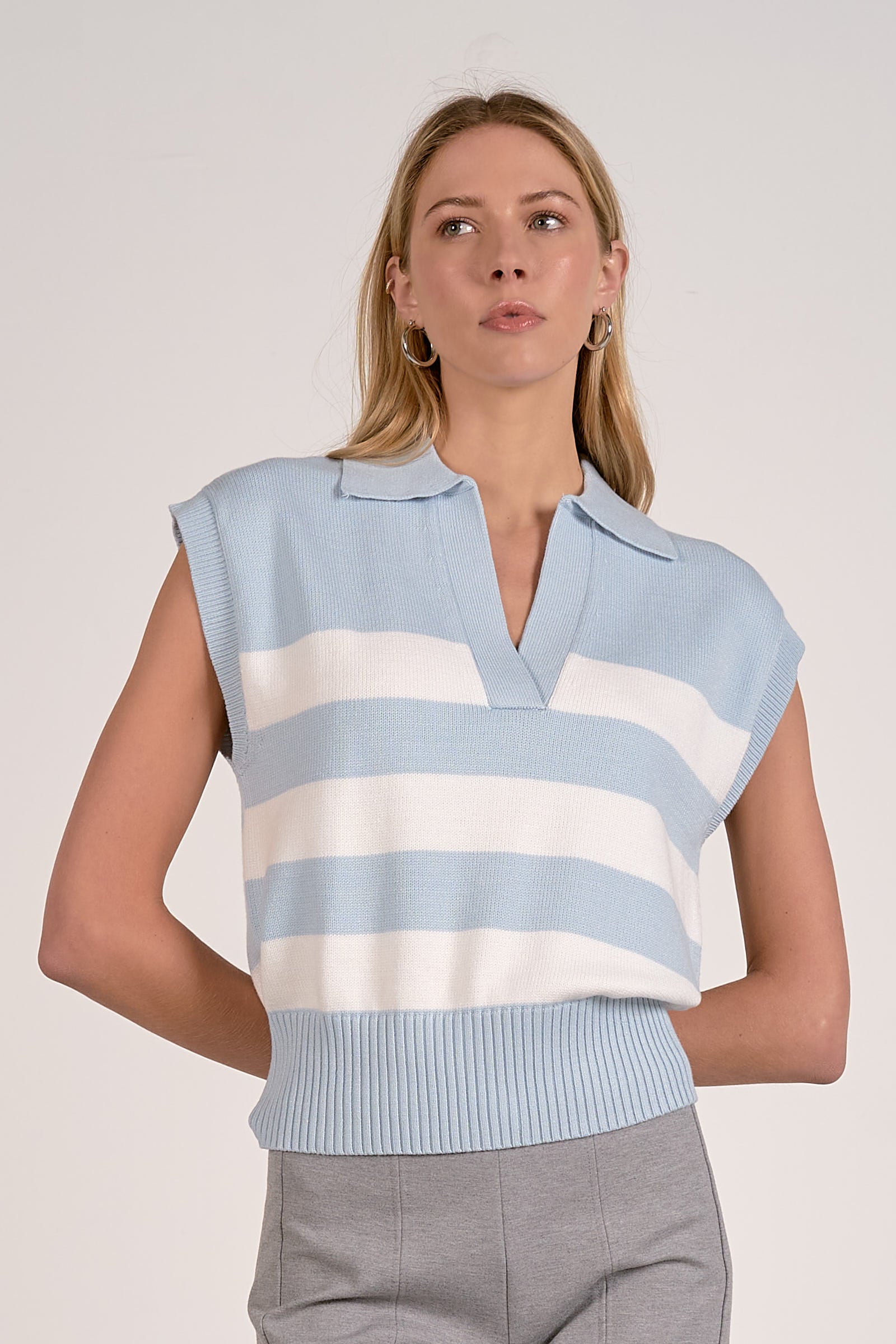 ELAN Sleeveless Collared Stripe Sweater - Blue