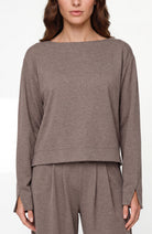 Liverpool Long Sleeve Boat Neck Top in Heathered Taupe