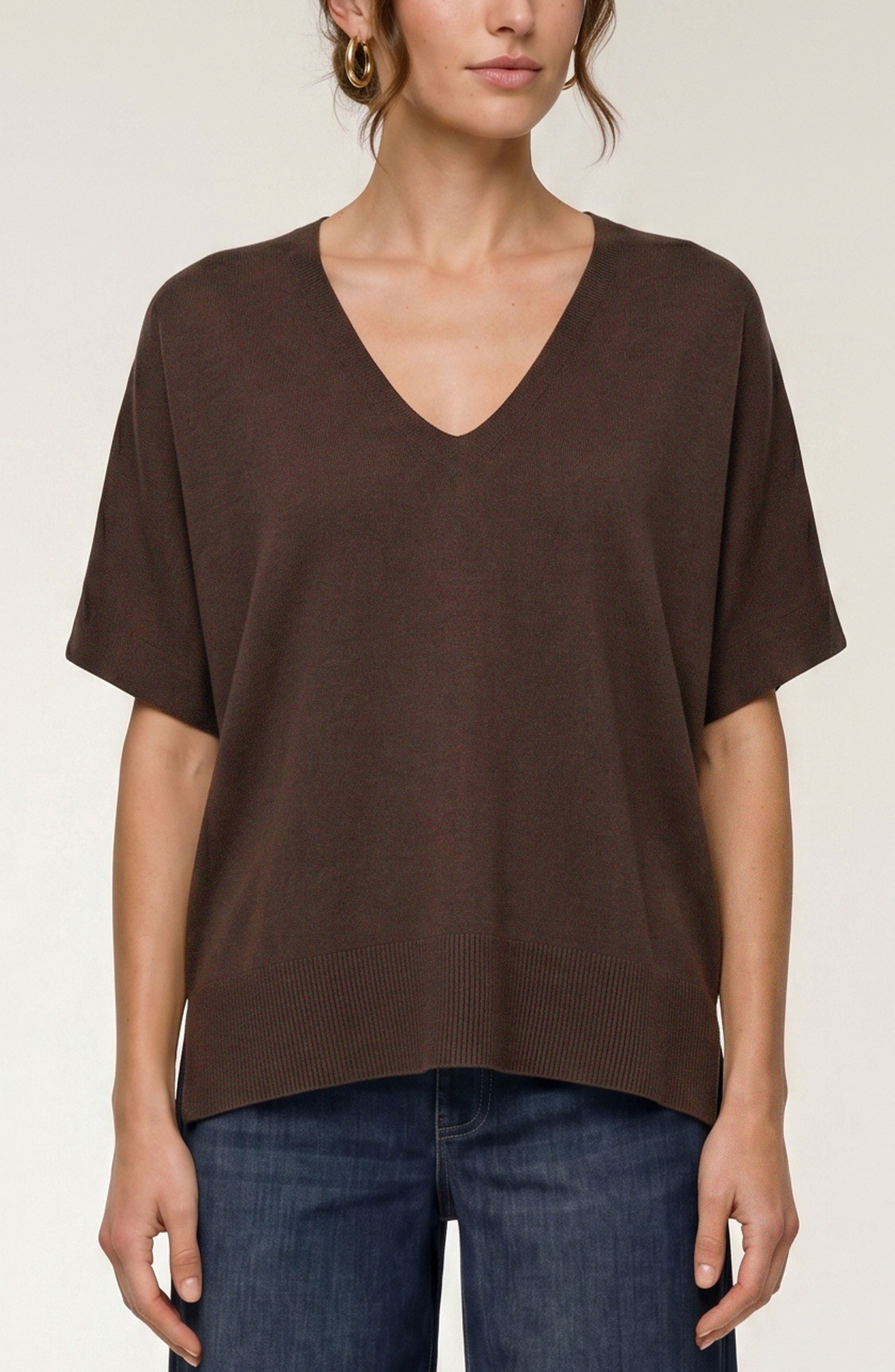 Liverpool Short Sleeve V-Neck Dolman Popover Sweater in  Java