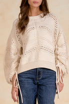 Elan Open Knit Gathered-Sleeve Sweater - Off White