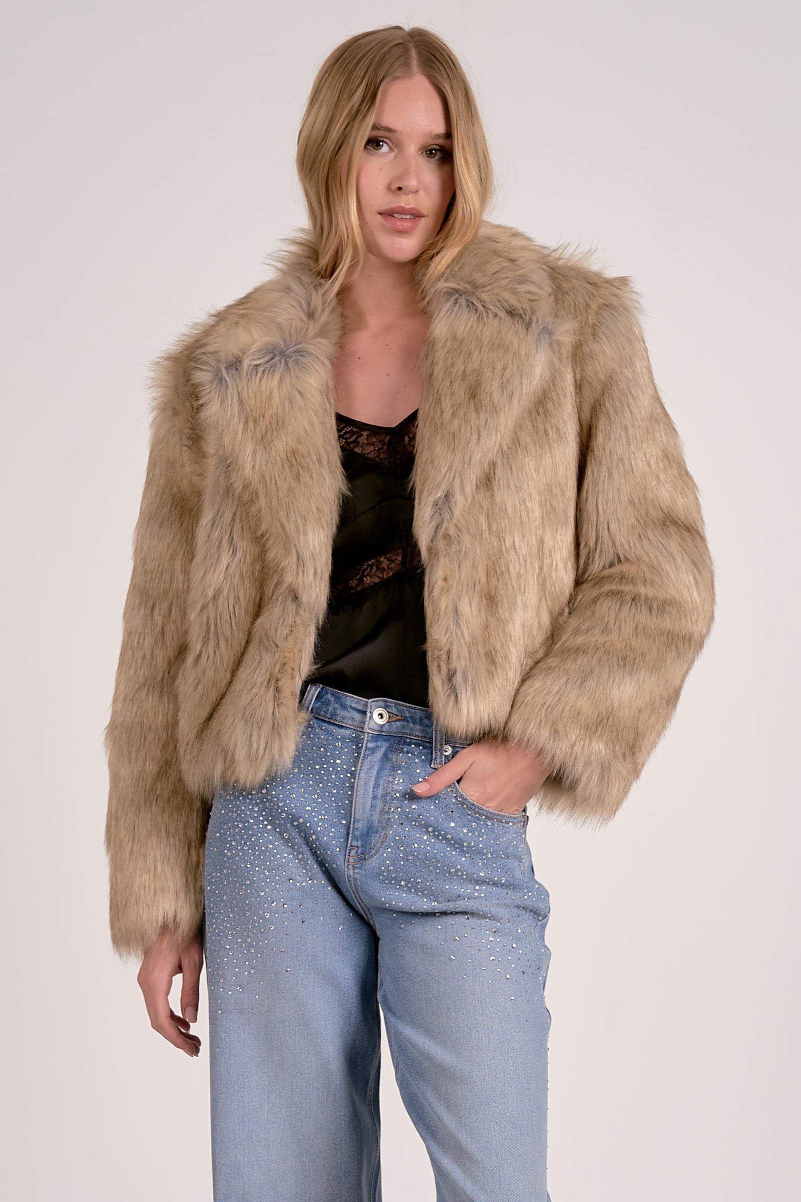 Tan fur coat with oversized collar