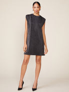 sleeveless glitter charcoal knit dress, pleated shoulder detail, mid-thigh length
