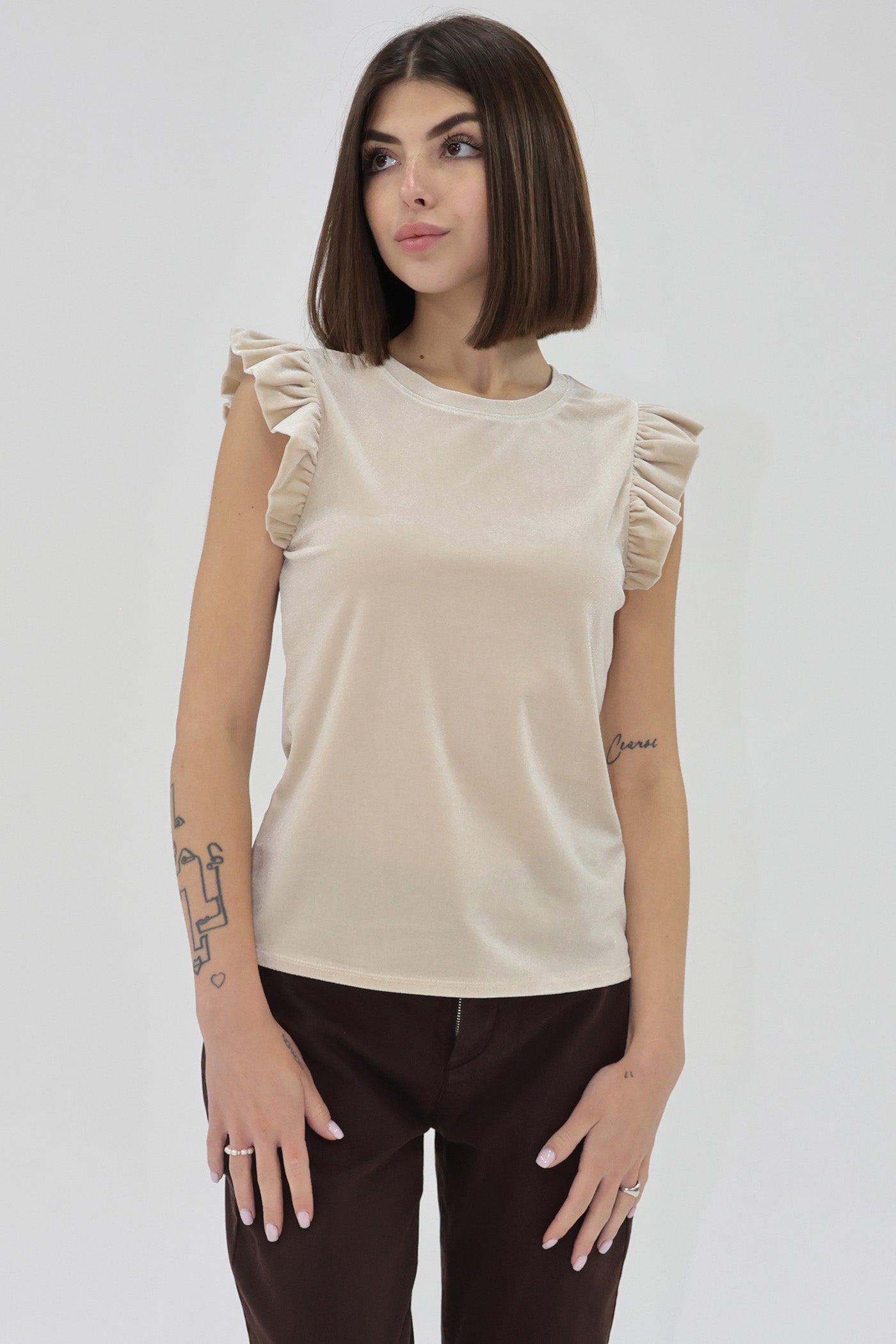 Another Love beige ruffle trimmed velvet top