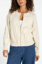 Liverpool long sleeve off-white collarless zip up jacket with smocking and floral embroidery