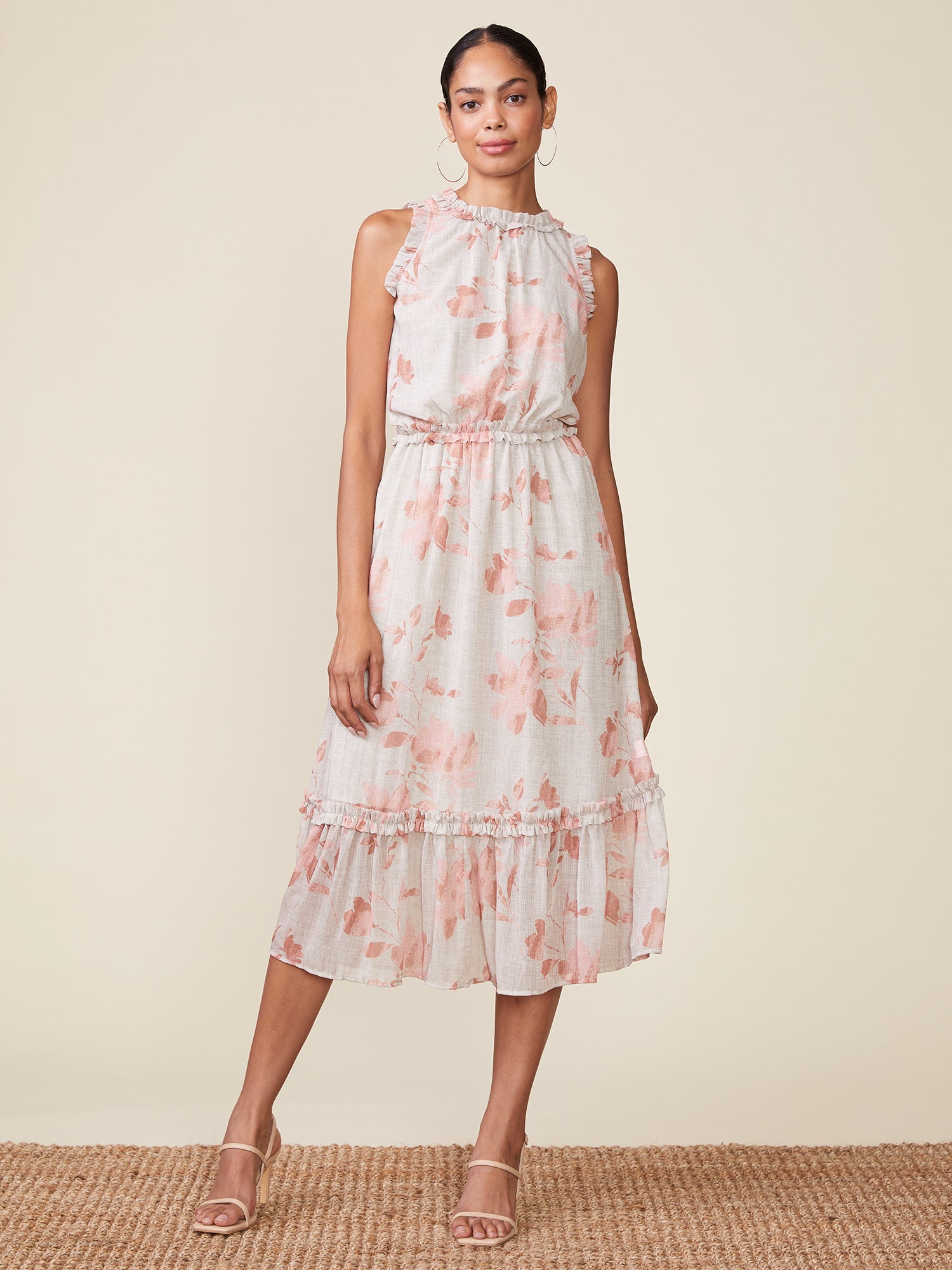 pink floral sleeveless ruffle midi dress