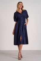 Elan Collared Smocked Waist Zip Midi Dress