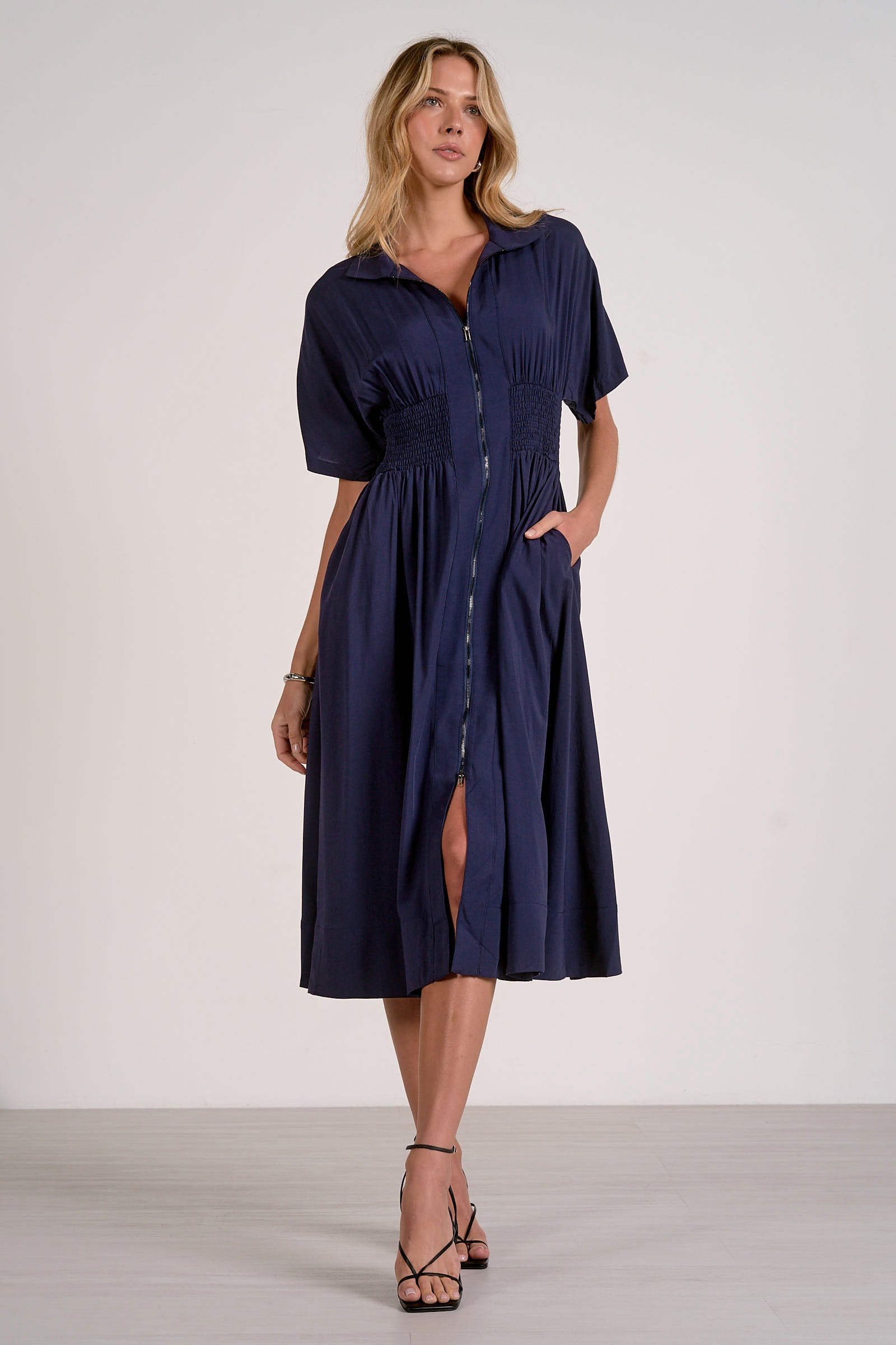 Elan Collared Smocked Waist Zip Midi Dress