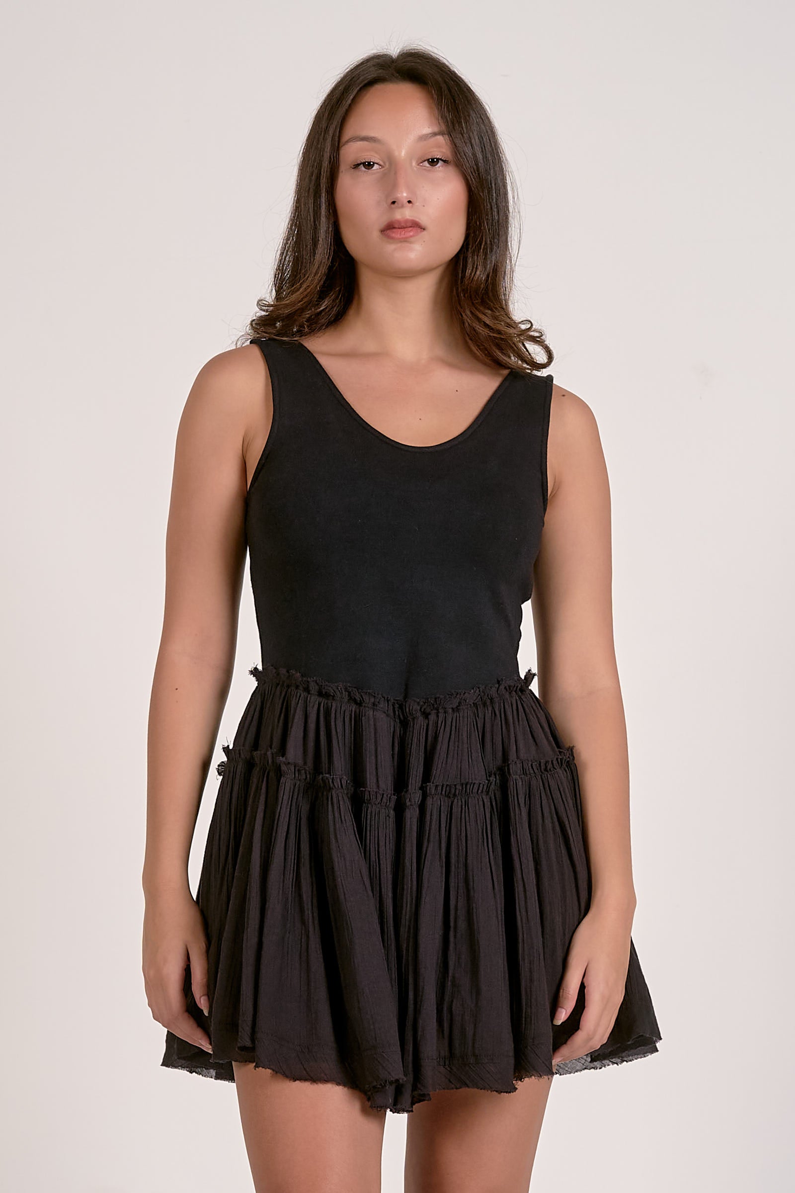 Elan Sleeveless Ruffle Skirt Mini Dress