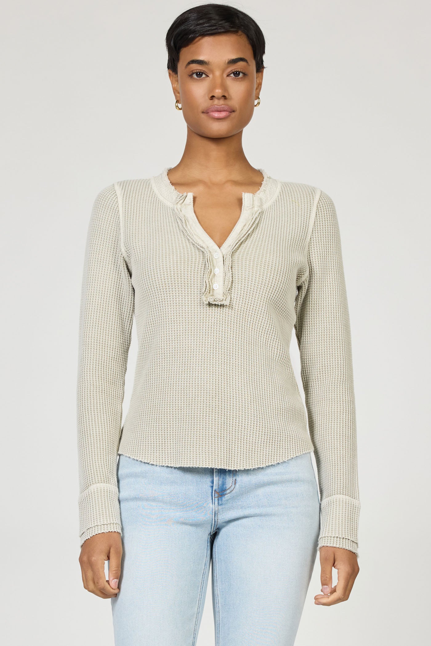 grey waffle knit long sleeve v-neck henley