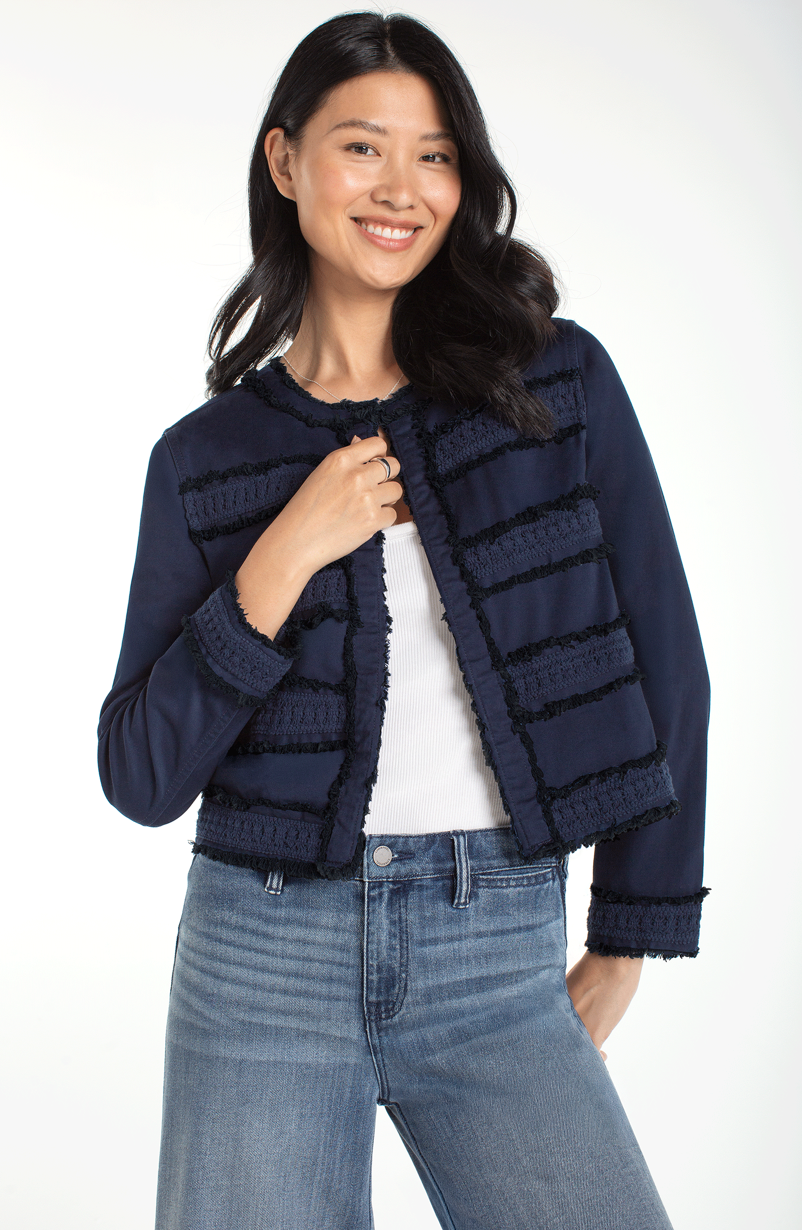 Liverpool Navy blue textured jacket with lace detail.
