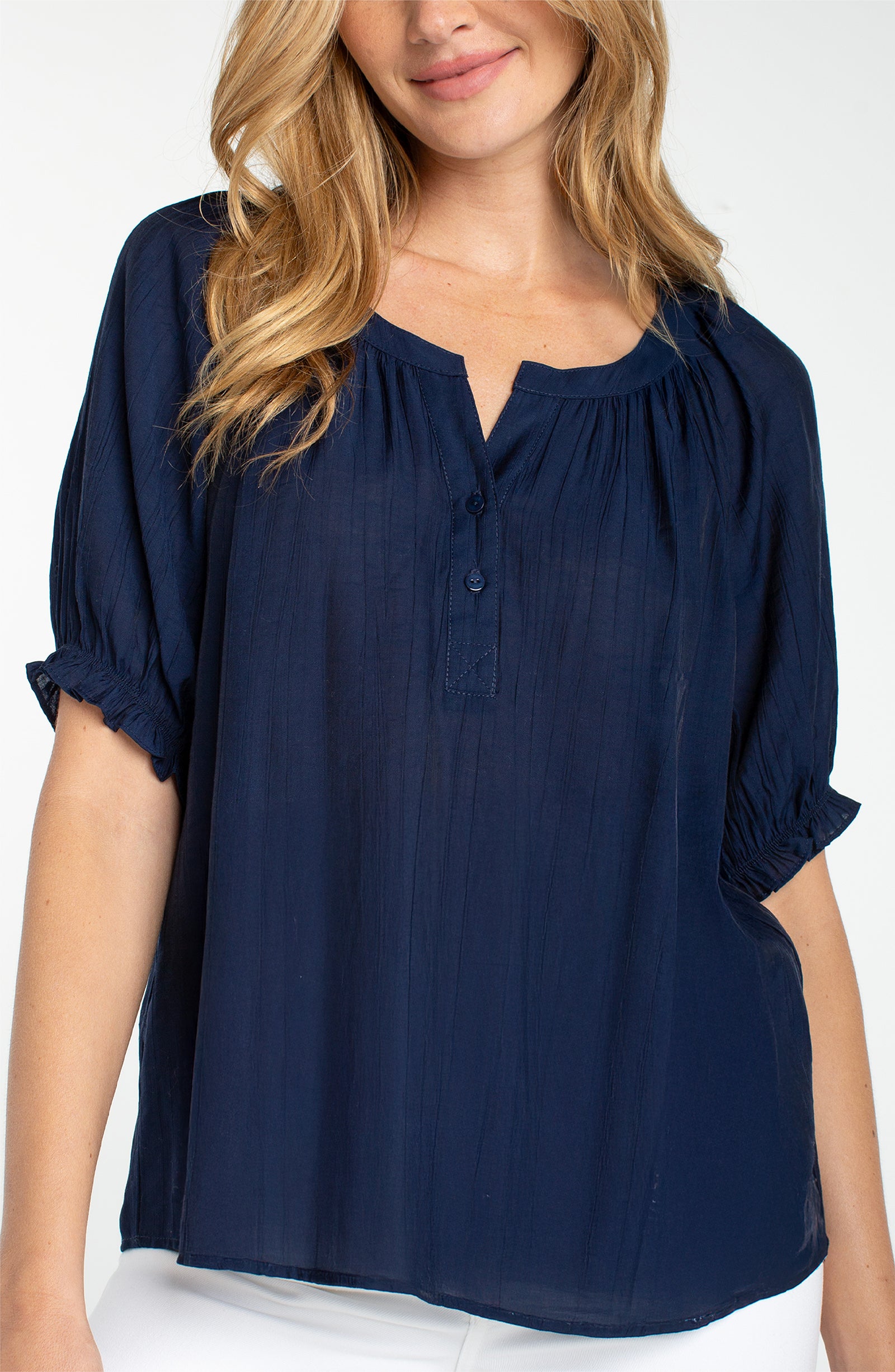 Short Sleeve Placket Front Navy Blouse