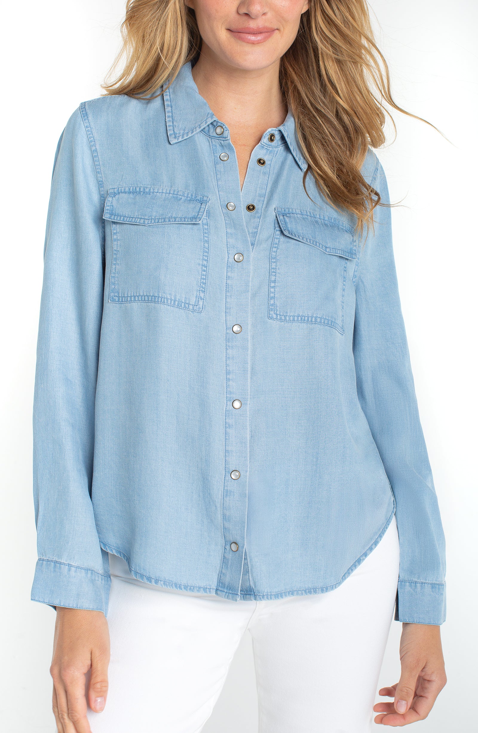 Snap-button front long sleeve blue collared shirt