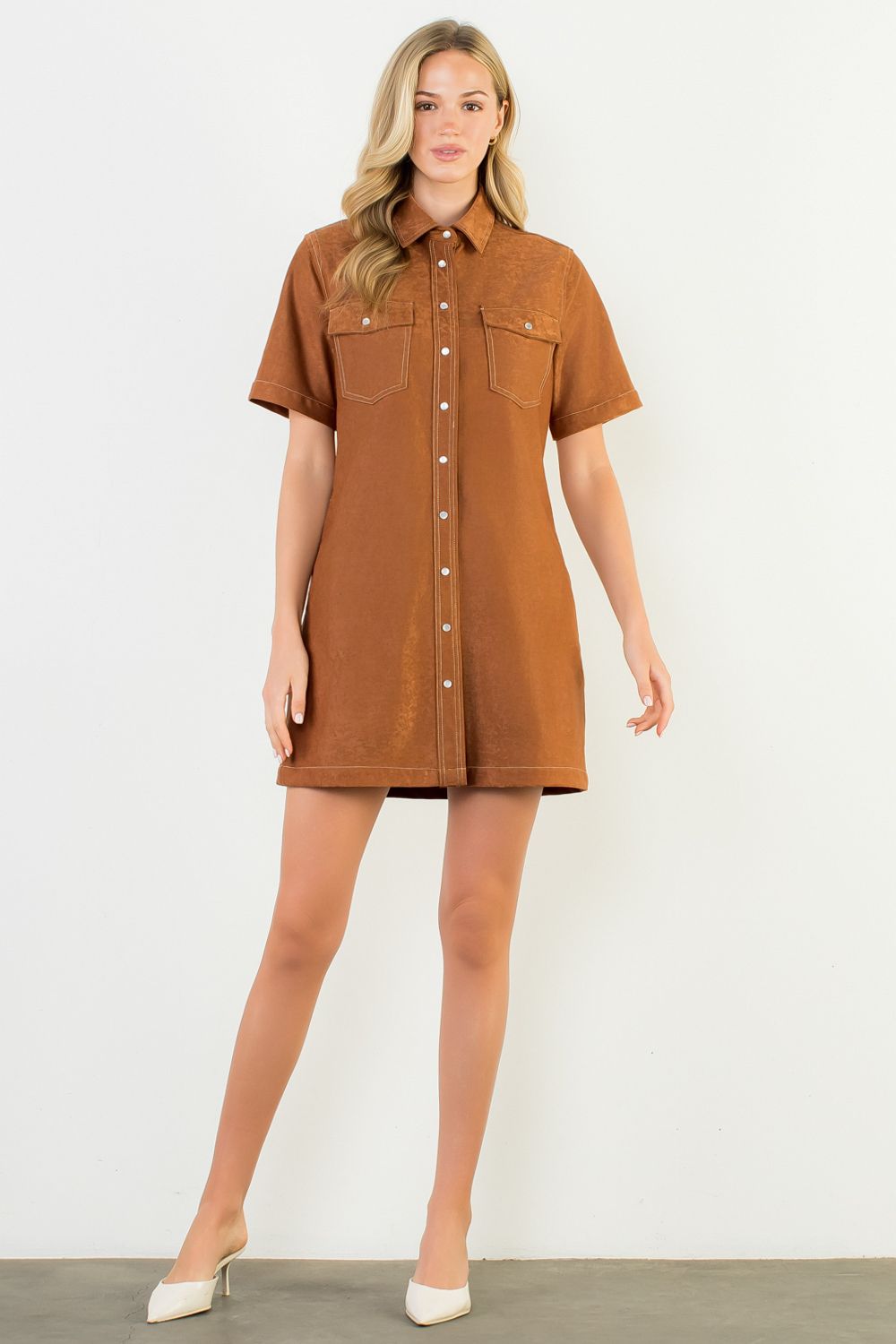 Short, brown button up collared dress