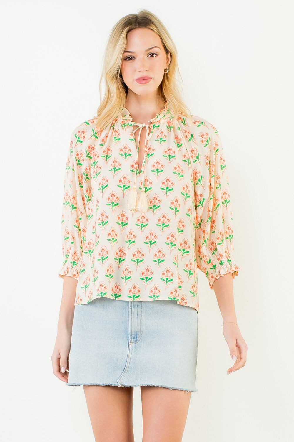 Orange Tie Neck Floral Blouse